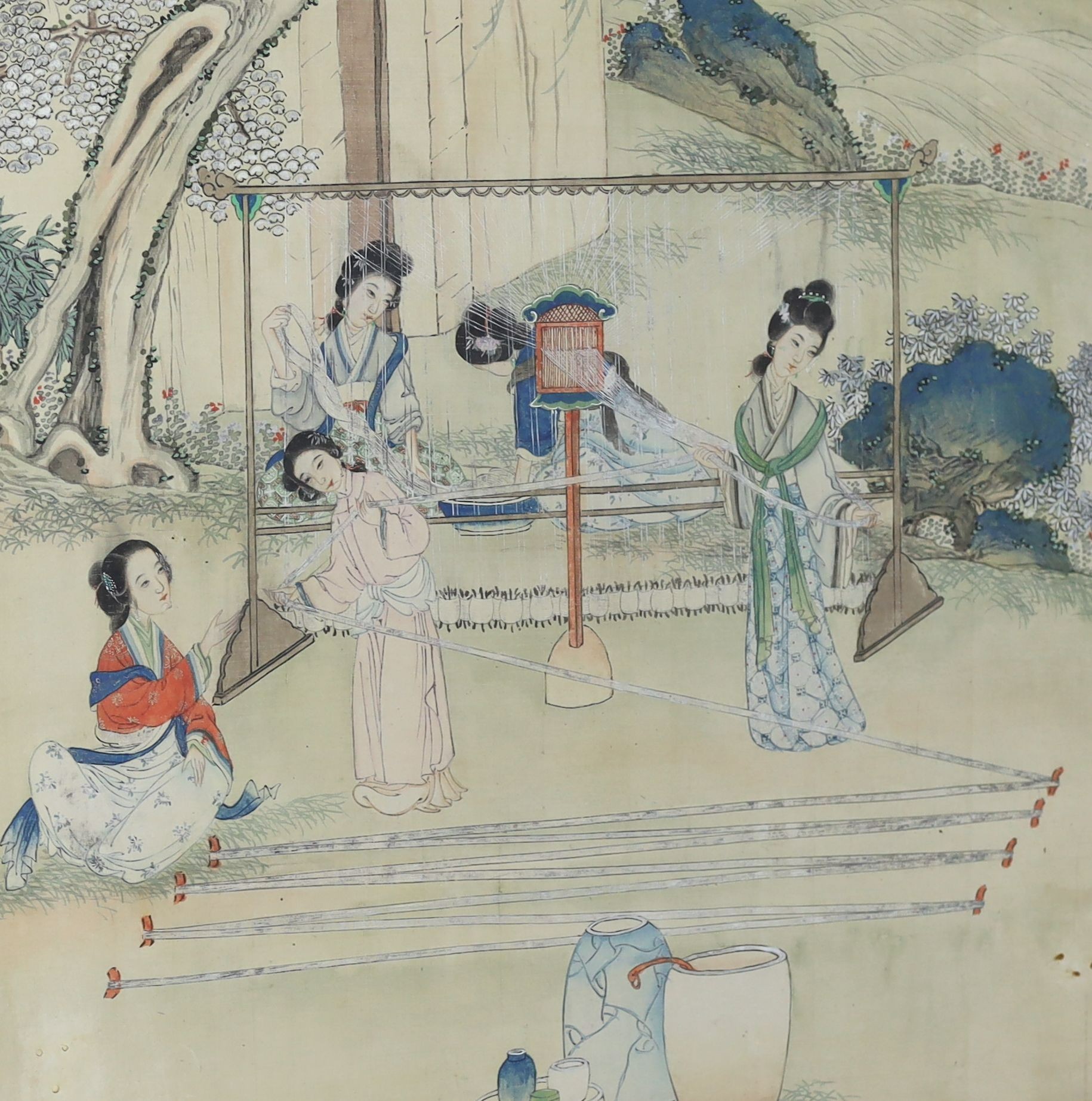 A pair of Chinese silk paintings of ladies in gardens, 19th century, Image 77cm x 41.5cm